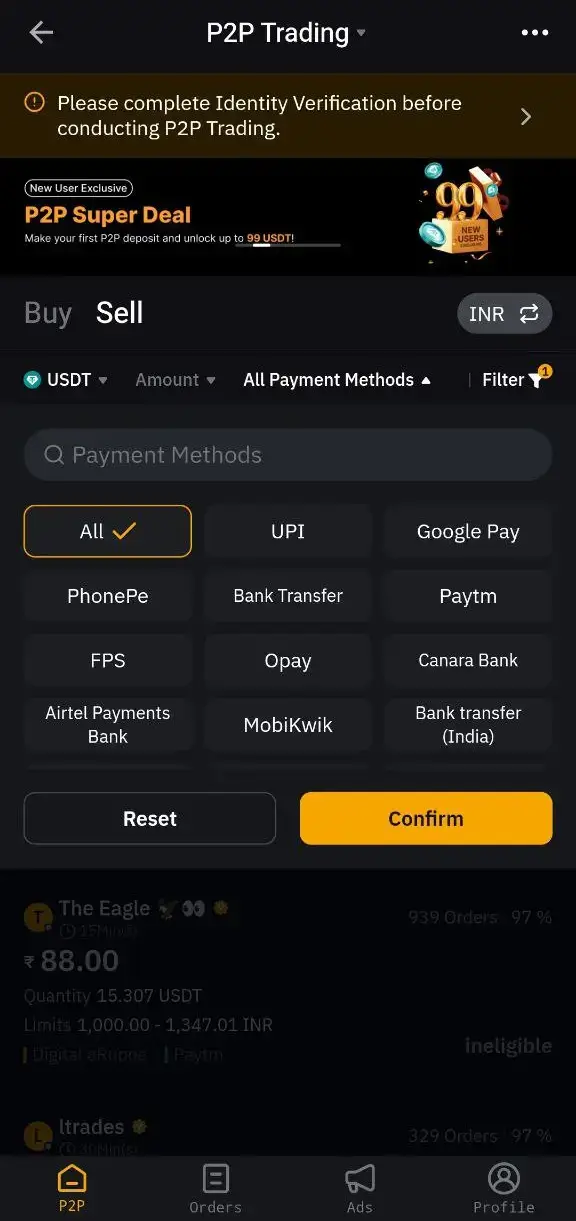 Bybit mobile P2P withdrawal in INR for Indian traders