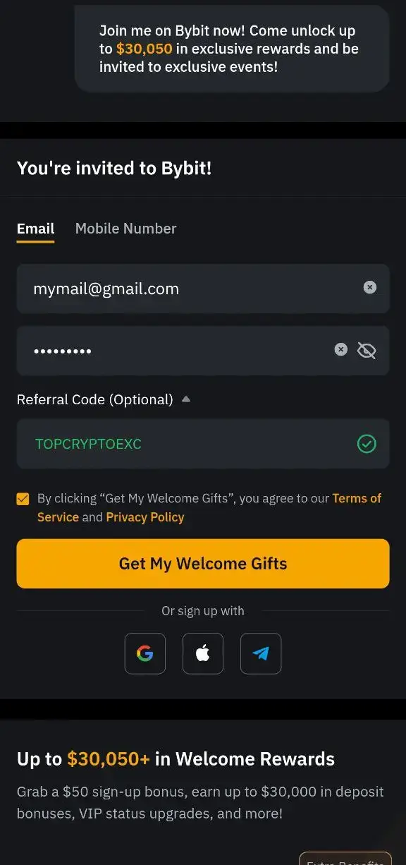 Bybit mobile registration with bonus for Indian traders