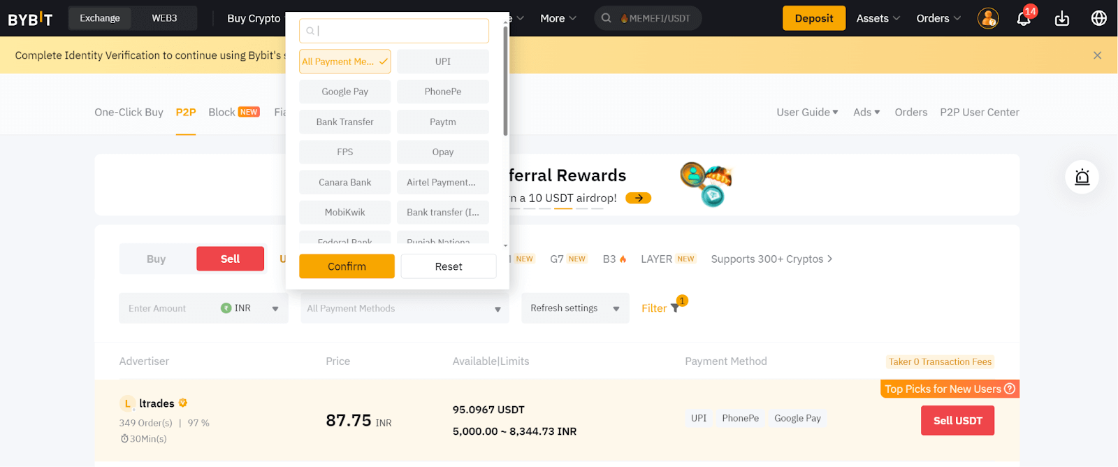 Bybit P2P withdrawal methods for Indian traders