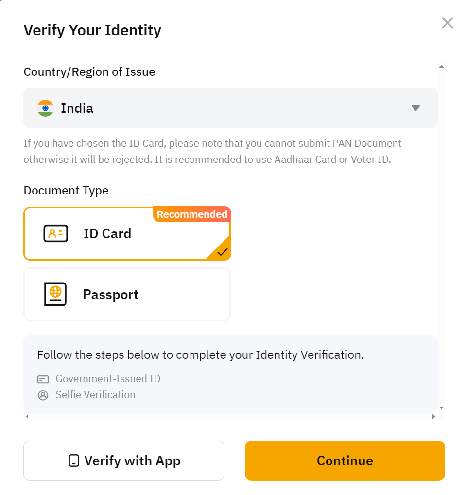 Bybit identity verification document type for Indian traders